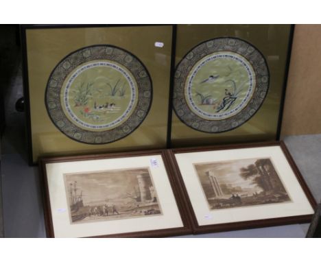 Pair of Framed Chinese Circular Silk Work Panels from an Imperial Robe depicting Waterfowl, 22cms diameter, framed and glazed