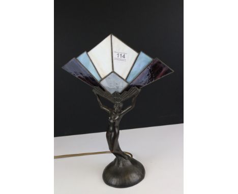 Art Deco style Table Lamp in the form of a Naked Woman holding a Leaded Glass effect Panel, 40cms high 