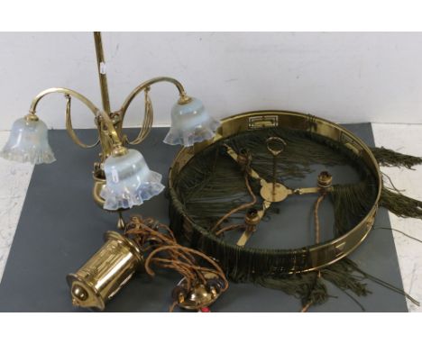 Gilt Metal Three Branch Hanging Ceiling Light with Three Pale Green Frilled Glass Shades, 43cms diameter together with Circul