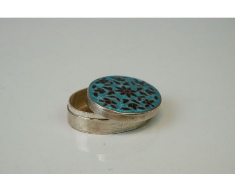 Silver Oval Enamel Trinket Box with Blue and Red Floral Patterned Enamel Lid 