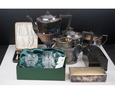 Collection of Silver Plate including Four Piece Tea Service, Silver Plated Cigarette Box, Cased Cutlery, etc 