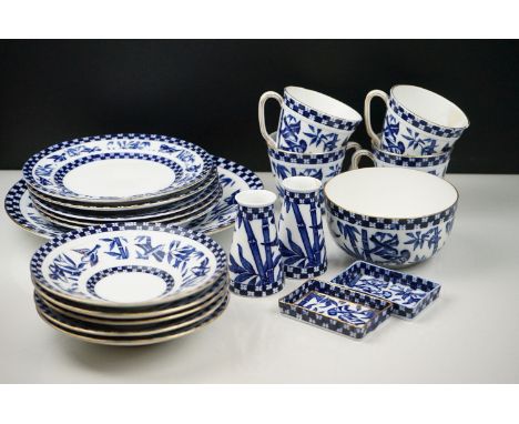 19th century Coalport Tea Ware decorated in blue with birds amongst bamboo, comprising 4 Tea Cups, 4 Saucers, 5 Tea Plates, S