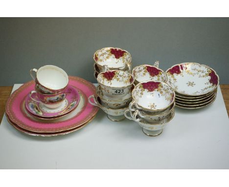 Collection of 19th century Ceramics including Pair of Armorial Plates, Pair of Pink Ground Cups and Saucers with painted pane