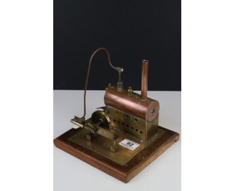 Copper and Brass Live Steam Stationary Engine on Wooden Base, 20cms high 