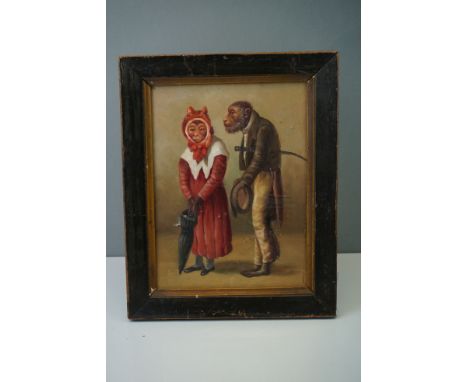 Oil on board, a portrait of monkeys in human clothing 