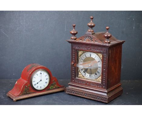 A wooden cased chiming mantle clock together with a Russells of Liverpool example. 