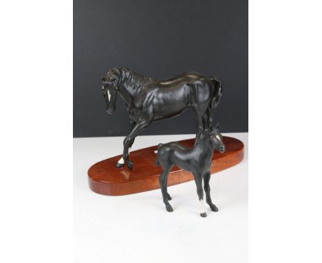 Beswick Black Mare and Foal standing on Wooden Plinth 