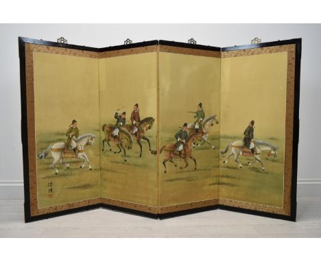 A 20th century painted Chinese four panel three fold silk screen decorated with soldiers on horseback, signed with Chinese ca