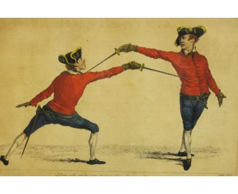 After Domenico Angelo (Italian 1716-1802), The School of Fencing, plate No.32, coloured print on paper, framed. H.38 W.50cm. 
