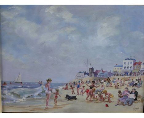 Will Nickless (British 1902-1977) figures on a crowded beach, oil on panel, signed and framed. H.46 W.55cm 