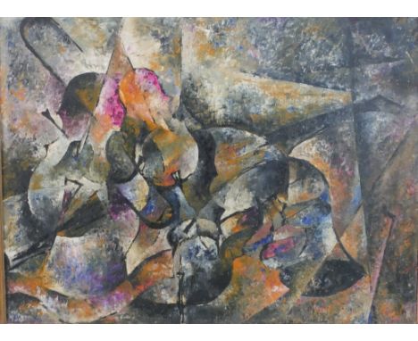Graham Kearsley (20th century), abstract cubist style musical instruments, watercolour on board, pencil signed, framed. H.97 