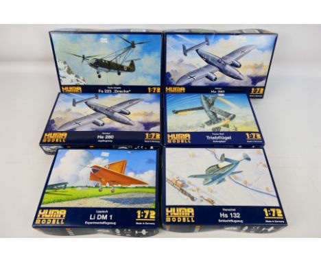 Huma - Six boxed 1:72 scale plastic military aircraft model kits from Huma. Lot includes Huma #4000 Heinkel He280 Jagdflugzeu