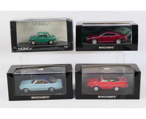 Minichamps - Norev - Four boxed 1:43 scale diecast model cars. Lot consists of Minichamps Opel Rekord Coupe; Bentley Continen