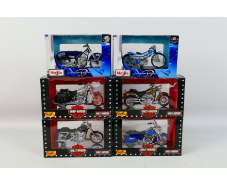 Maisto - Six boxed Maisto 1:18 scale diecast motorcycles. Lot includes Eis Ice Speedway SIWA 500; Harley Davidson 2002 FXDL D