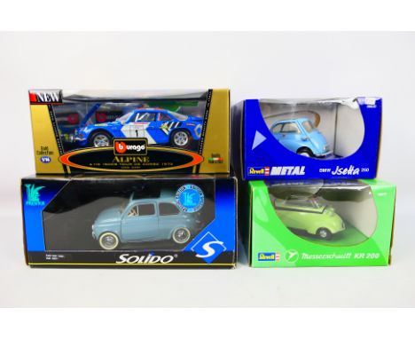 Bburago - Solido - Revell - Four boxed diecast 1:18 scale model cars. Lot consists of Bburago #3391 Alpine A110 1600S Tour de