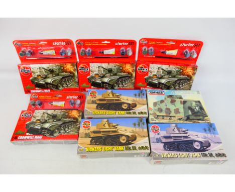 Airfix - Emhar - Seven boxed plastic military vehicle model kits in 1:76 scale. Lot includes Emhar #EM5003 A7V 'Sturmpanzer';