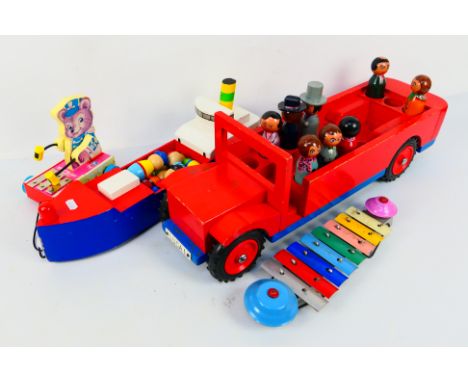 Fisher Price - A group of toys including a Tint Teddy Xylophone, a large scratch built wooden charabanc with driver and passe