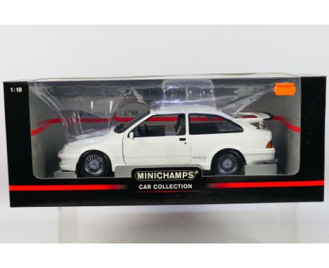 Minichamps - A boxed Minichamps #150084070 1:18 scale 1988 Ford Sierra RS Cosworth RHD. The model in white appears to be in M