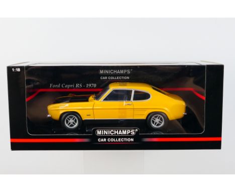 Minichamps - A boxed Minichamps #150089070 1:18 scale 1970 Ford Capri RS Minichamps. The model with orange body and black bon