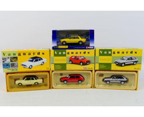 Vanguards - Four boxed Vanguards diecast model cars. Lot consists of Vanguards VA12501 Ford Fiesta XR2; VA04100 Ford Cortina 