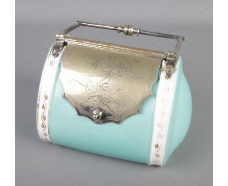 An Antique Copeland Spode novelty biscuit barrel in the form of a handbag with silver plate lid and handle. Height 14cm, Widt