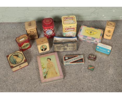 A quantity of advertising tins and vintage items including Colman's tins, King Edward Imperial Tobacco box, Rolls Razor, Rega