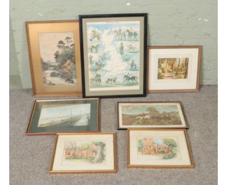 A collection of paintings and prints to include limited edition 'Racing Map' signed by Rosemary H.Coates (189/900), M. Steer,