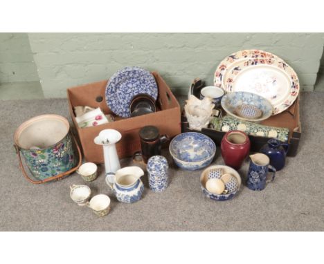 A collection of mixed ceramics including B Joynt studio pottery, Keeling &amp; Co platters, Spode bowl, Denby, Calico Pattern