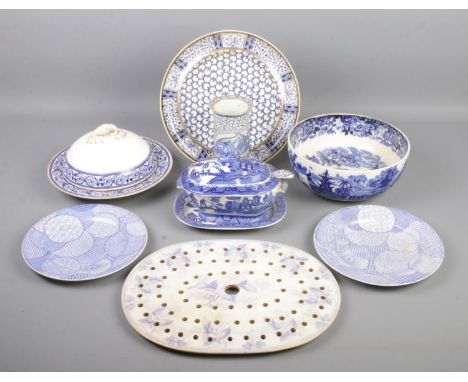 A collection of antique blue and white ceramics. Includes Worcester aesthetic style plates, Wedgwood, Adams, Spode etc.  