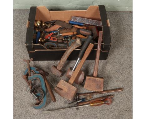 A box of tools including mallets, rasps, screw drivers, g clamps, hammers, chisels etc  