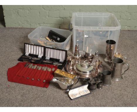 A large quantity of metalwares consisting mostly of silver plate including cutlery, sugar seller, jugs, gravy boats, teapot, 
