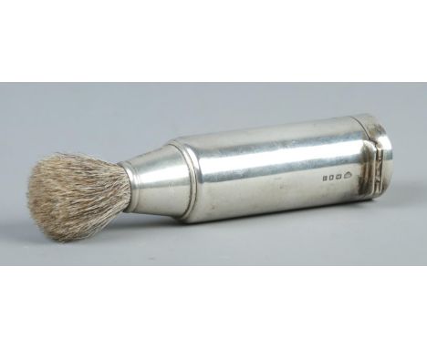 A George V silver cased shaving brush, with hinged lid revealing the silver mounted brush, which screws onto the outside of t