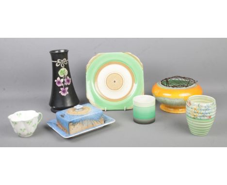 A collection of Shelley ceramics, to include Melody sugar bowl, Harmony drip glaze butter dish with cover and cake stand base