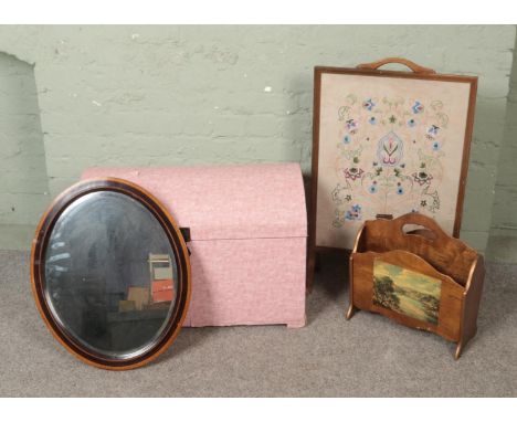 A collection of assorted furniture to include embroidered fire screen, bevel edge mirror, pink wallpapered trunk, etc.  