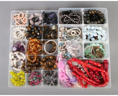 Two trays of good quality gemstone costume jewellery including amethyst, tigers eye, cultured pearls, coral, turquoise etc  