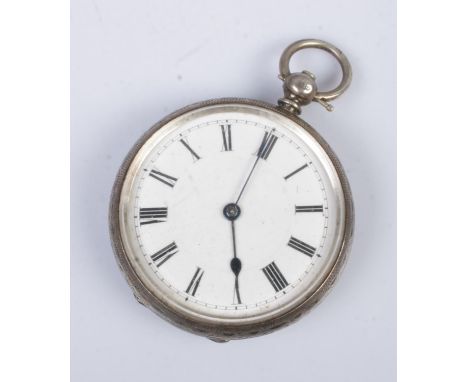 A Victorian silver fob watch featuring roman numeral dial, floral engraving and cartouche to reverse bearing initials 'JF'. H