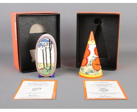 Two boxed Wedgwood Clarice Cliff Bizarre sugar shakers, in the 'Blue Firs' and 'Orange Erin' patterns. Both with certificates