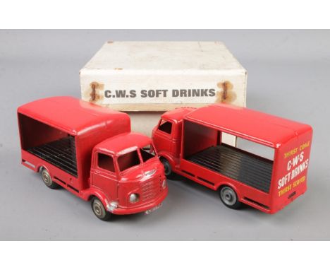 A rare Mettoy (pre-Corgi) trade pack pair of diecast 1:43 scale promotional model Commer Milk deliver vans, in red 'CWS Soft 