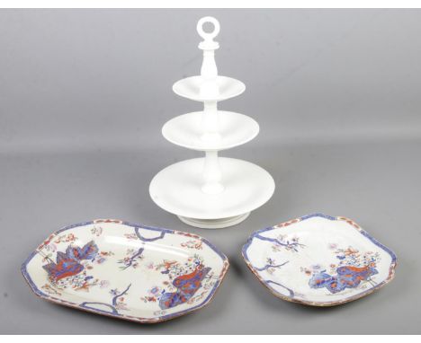 An antique white porcelain cake stand together with two Spode Copeland &amp; Garret serving plates  