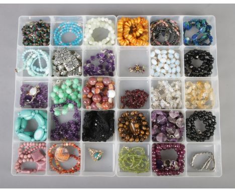 Two trays of good quality gemstone costume jewellery including French jet, tigers eye, amethyst, turquoise etc  