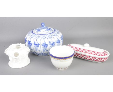 An early 19th century Derby slop bowl together with a comb dish, Royal Crown derby vase and Chinese lidded bowl.  