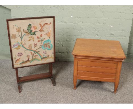 An antique commode together with an embroided screen/fold over table  