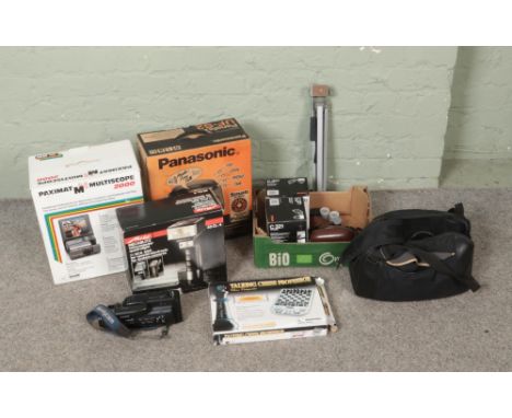 A Sony Handycam together with two other vintage cameras and accessories including tripod and flash units, Mecablitz Quadrolig