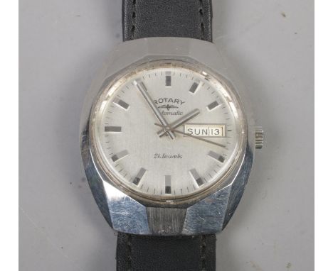 A gents Rotary stainless steel Automatic 21 jewels wristwatch on leather strap with day date display.  Working.