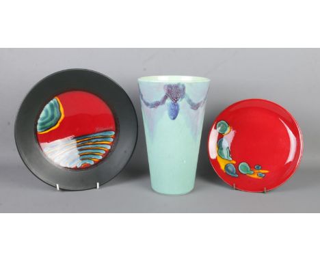 Three pieces of Poole Pottery, to include teal vase, Millennium plate and smaller Odyssey plate. Height of vase: 25cm.  