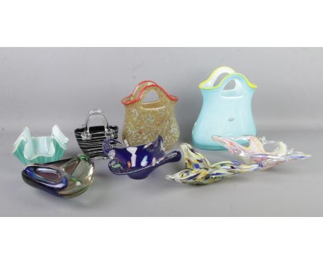 A collection of art glass, to include Sabina handbags, handkerchief vase and 'Splatter' glass triangular dish.  