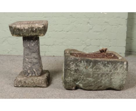 A collection of garden stone to include small rectangular planter and small two tier birdbath. Trough 24cm x 46cm x 37cm.  