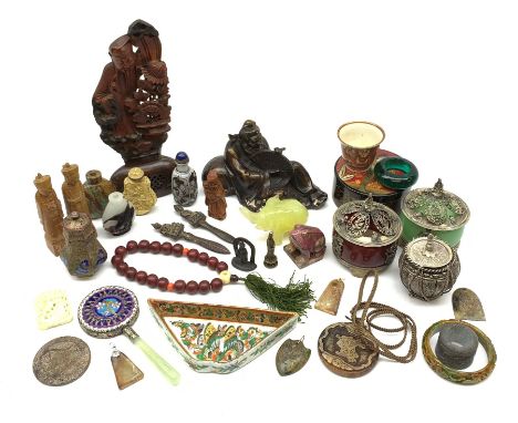 Chinese snuff bottles including glass and hardstone examples, a small Japanese Kutani cup, Chinese bronzed figure of a seated