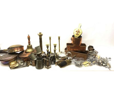 A group of assorted metalwares, to include a brass Corinthian column, H39cm, two pairs of brass candlesticks, two rectangular