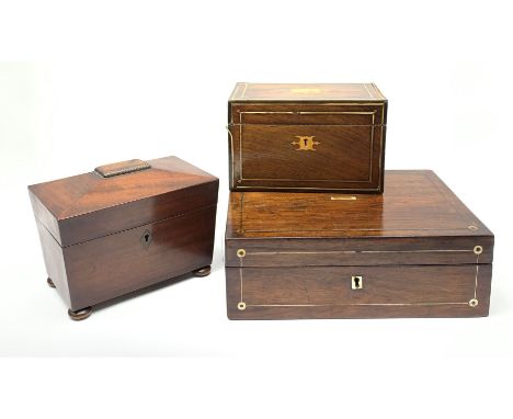 Three 19th century boxes, comprising a mahogany mother of pearl inlaid writing slope, L30cm, a mahogany tea caddy, of sarcoph